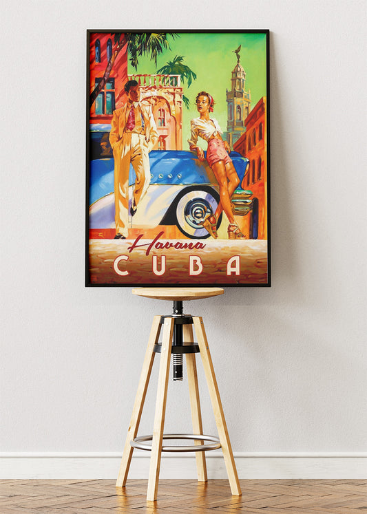 Havana Cuba Vintage Poster & Canvas Print – Retro Classic Car & Stylish Couple Illustration