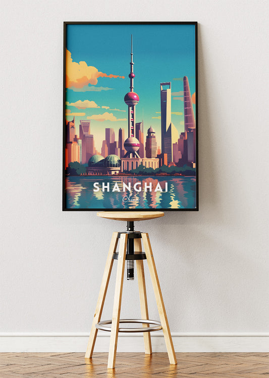 Shanghai China Travel Poster & Canvas Print – Skyline Illustration Wall Art