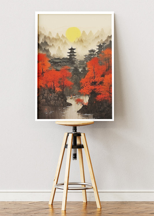 Oriental Pagoda Village with Red Autumn Trees – Japanese Style Landscape Wall Art Poster & Canvas – AI PRINT LAB