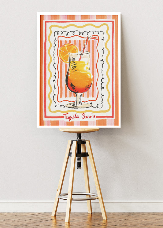 Tequila Sunrise Retro Illustration Poster & Canvas Print | Hand-Drawn Cocktail Wall Art