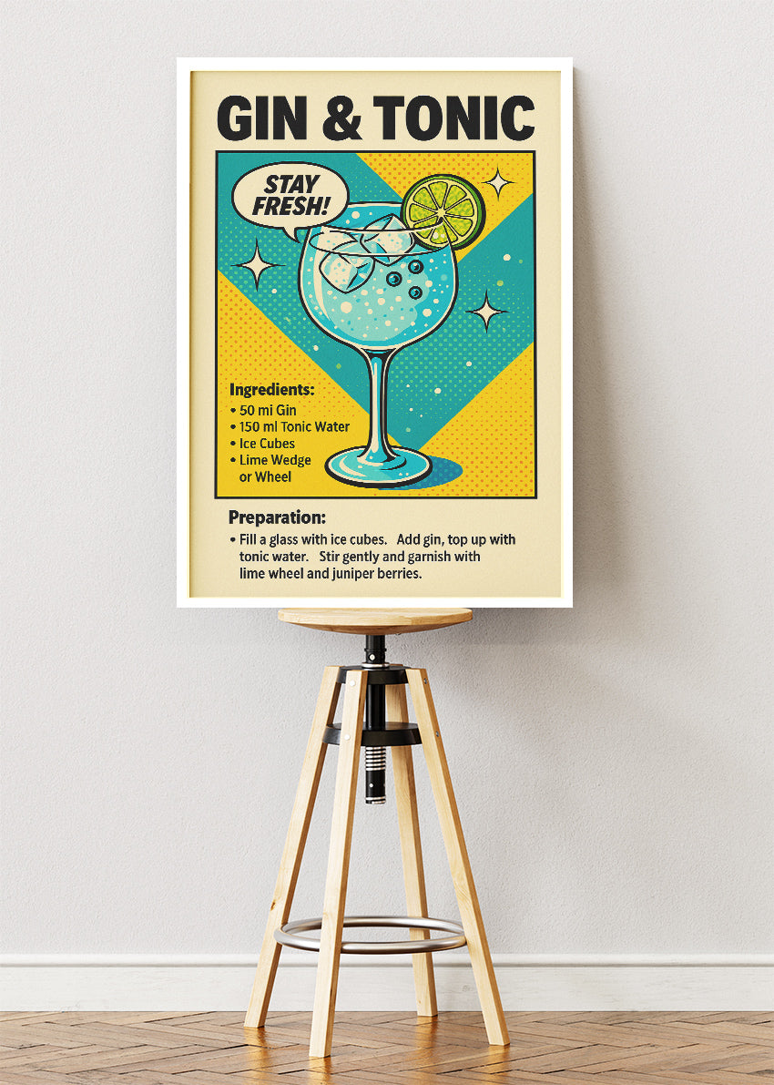 Gin & Tonic Pop Art Cocktail Poster & Canvas Print | Retro Bar Wall Art