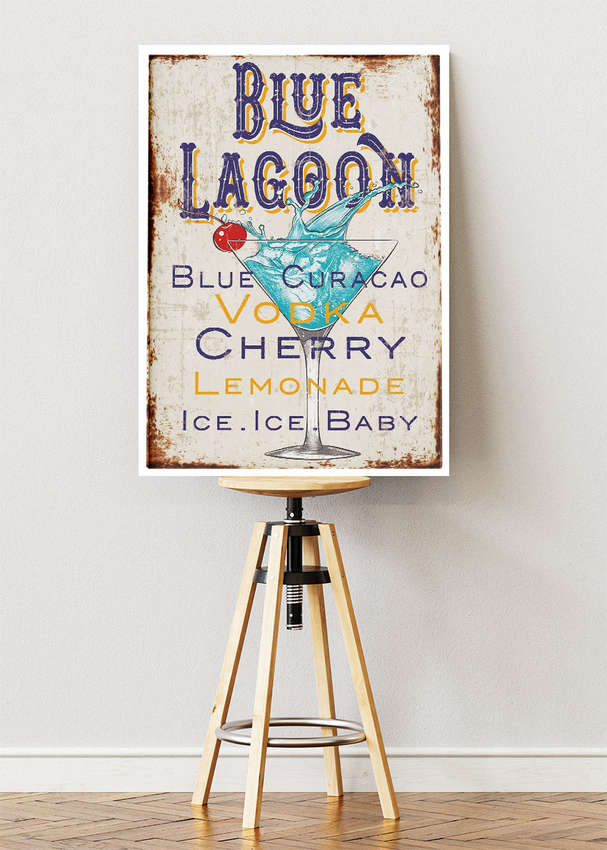 Blue Lagoon Vintage Cocktail Poster & Canvas Print | Retro Bar Sign Wall Art