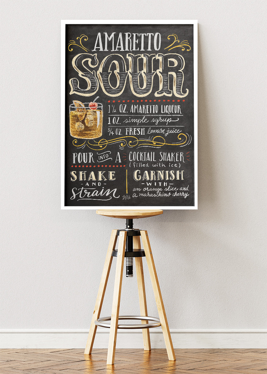 Amaretto Sour Recipe Poster & Canvas Print | Vintage Chalkboard Cocktail Wall Art