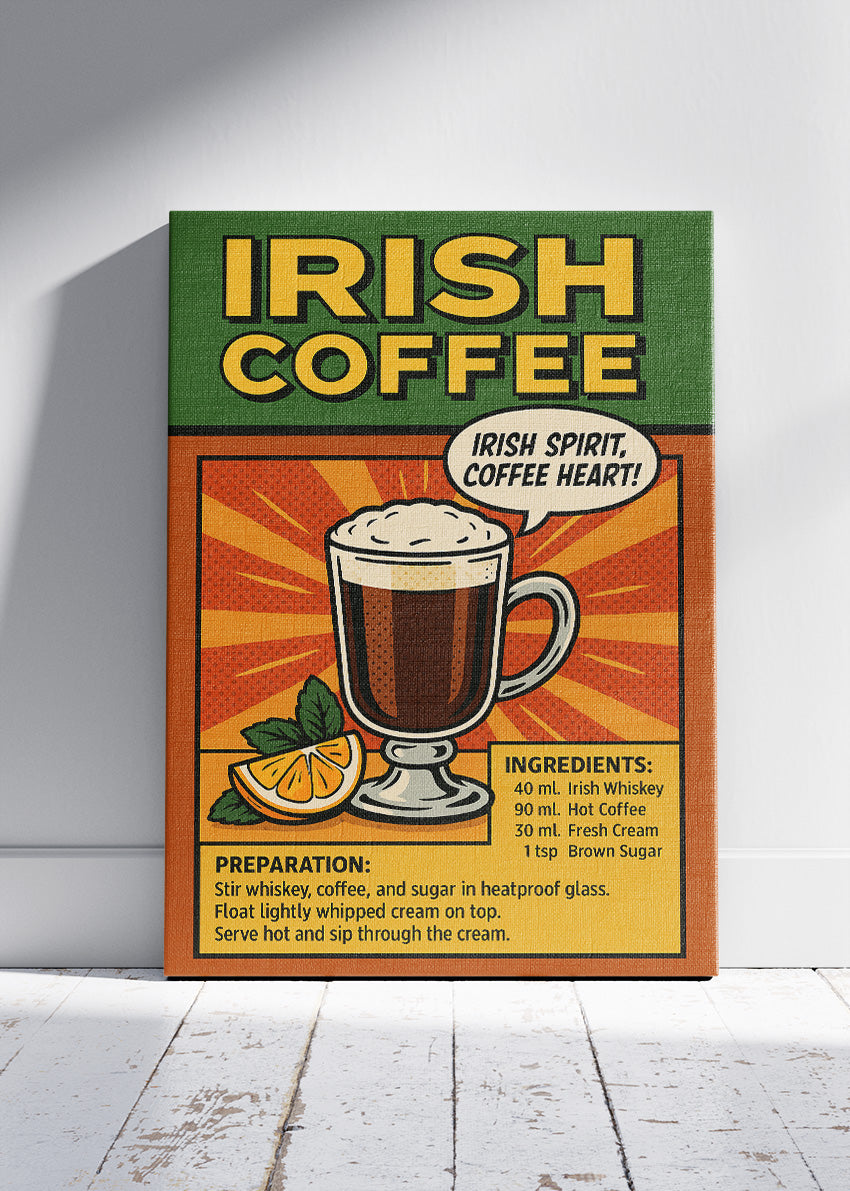 Irish Coffee Pop Art Poster & Canvas Print | Retro Coffee Cocktail Wall Art