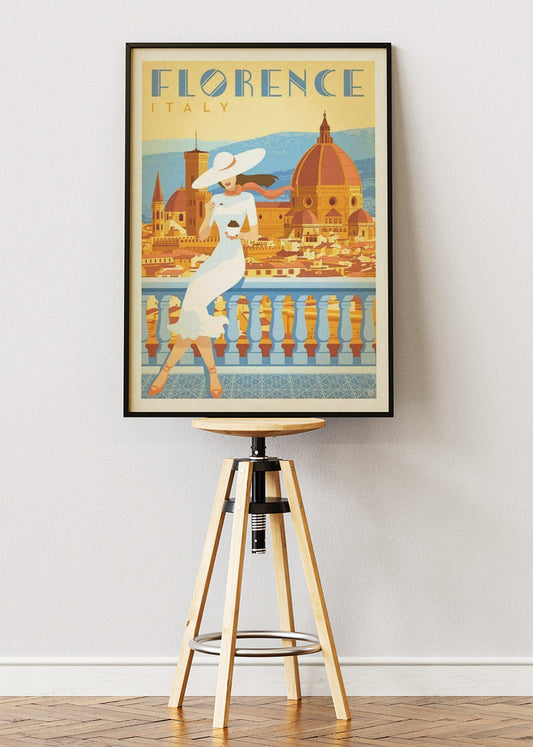 Florence Italy Vintage Travel Poster & Canvas Print – Elegant Woman, Cathedral Duomo View Art
