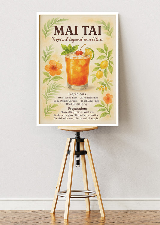 Mai Tai Tropical Cocktail Recipe Poster & Canvas Print | Watercolor Bar Wall Art