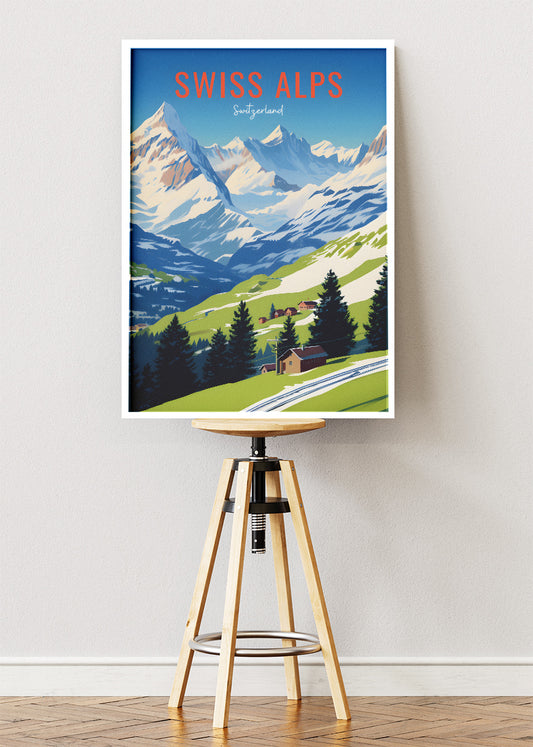 Swiss Alps Switzerland Poster & Canvas Print – Illustrated Mountain Landscape Travel Art