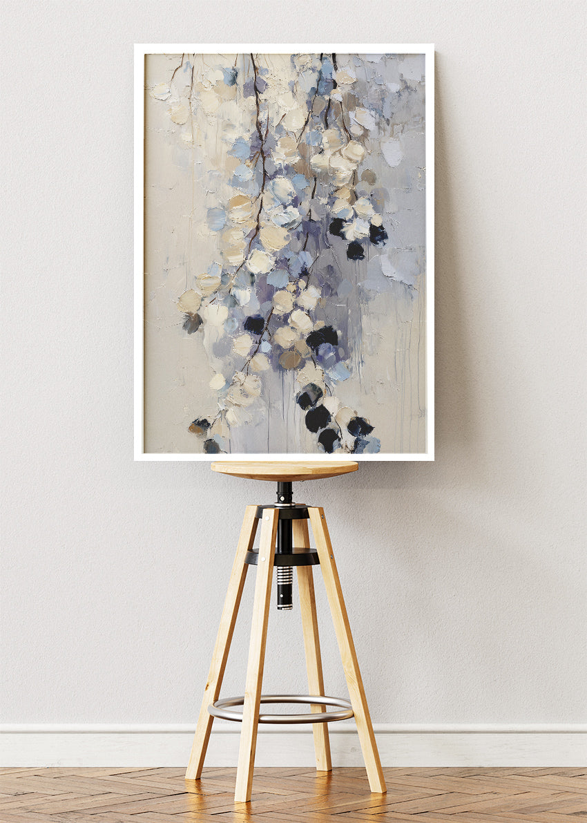 Soft Neutral Abstract Floral Wall Art – Textured Blue & Beige Canvas Print | Modern Botanical Portrait Poster