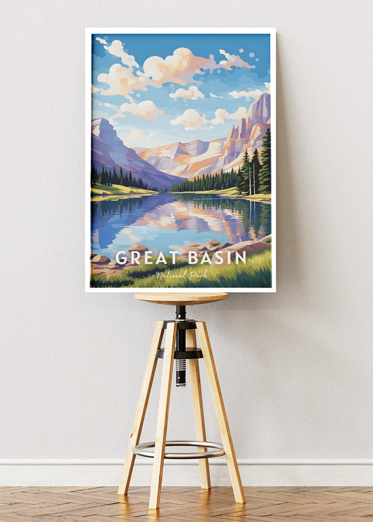 Great Basin National Park Poster & Canvas Print – Mountain Lake Landscape Illustration Wall Art