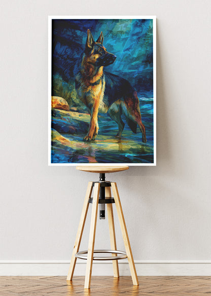 German Shepherd Poster & Canvas Print – Majestic Dog in Blue Wilderness Art