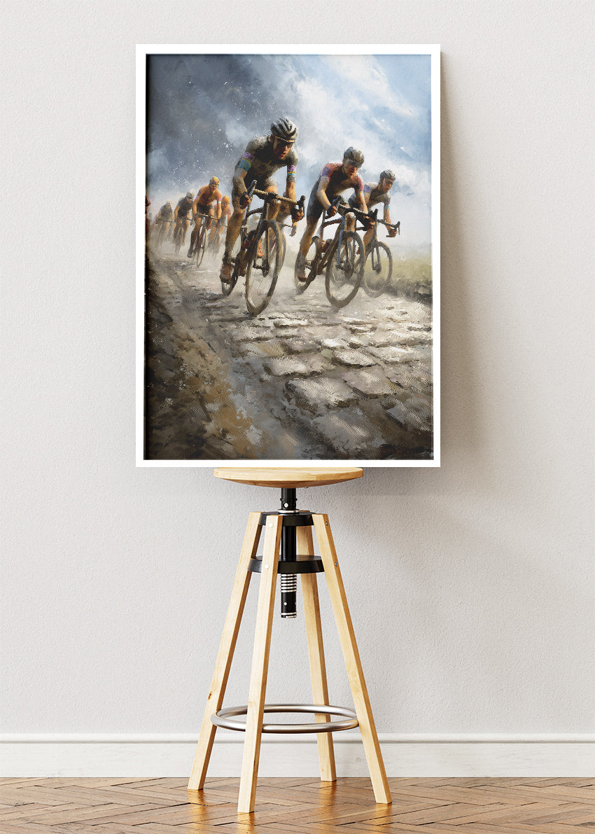 Cobbled Classics Cycling Art Print & Canvas – Peloton in the Storm