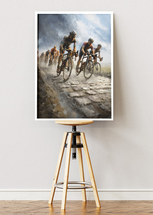 Cobbled Classics Cycling Art Print & Canvas – Peloton in the Storm