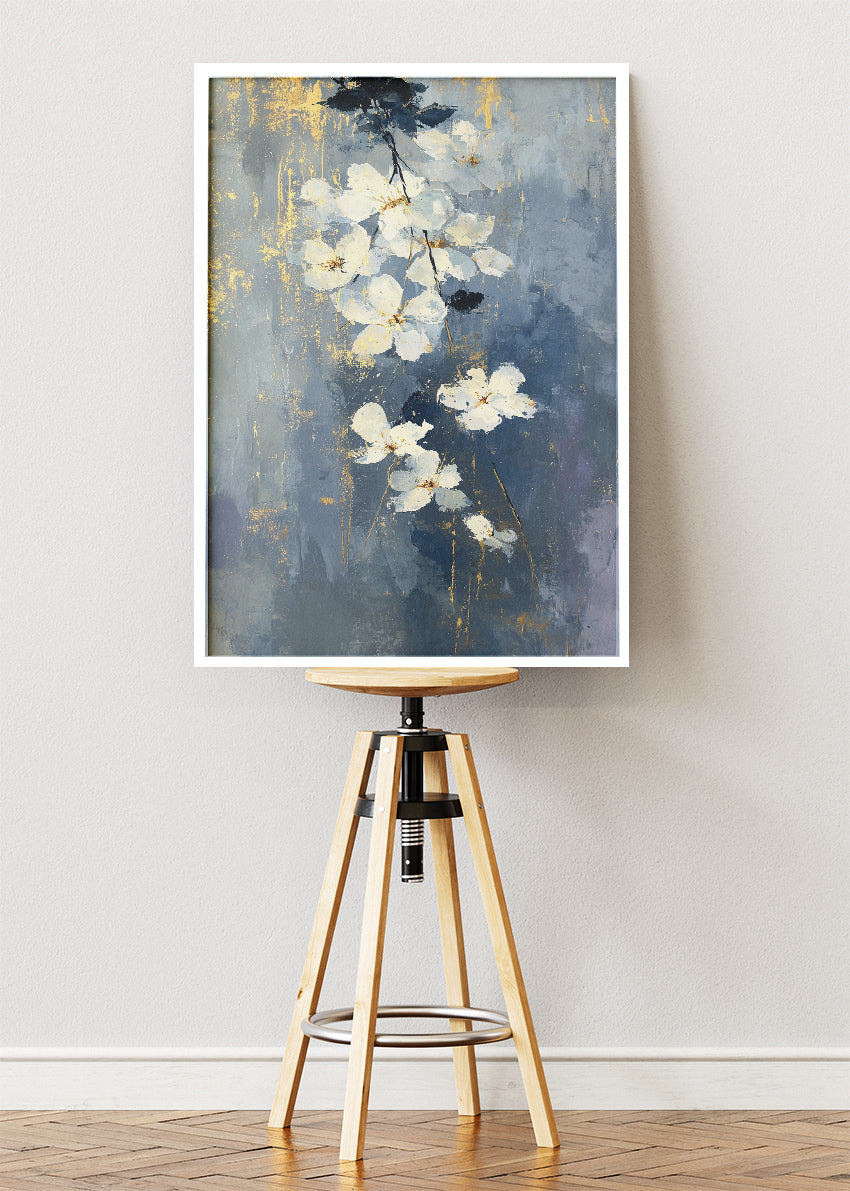 Blue & Gold Floral Wall Art – Elegant White Blossom Canvas Print | Textured Botanical Portrait Poster