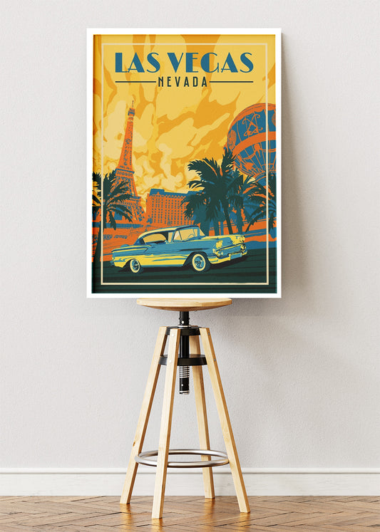 Las Vegas Nevada Poster & Canvas Print – Retro Strip & Classic Car Illustration