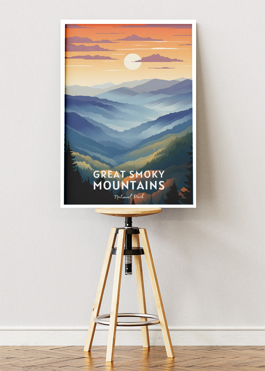 Great Smoky Mountains National Park Poster & Canvas Print – Misty Mountain Sunset Illustration Wall Art
