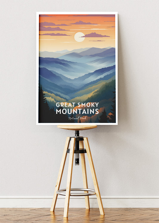 Great Smoky Mountains National Park Poster & Canvas Print – Misty Mountain Sunset Illustration Wall Art
