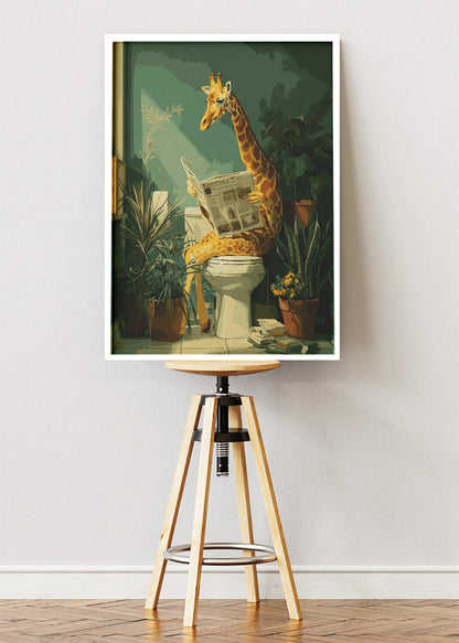 Funny Giraffe Poster & Canvas Print – Reading Newspaper Bathroom Art