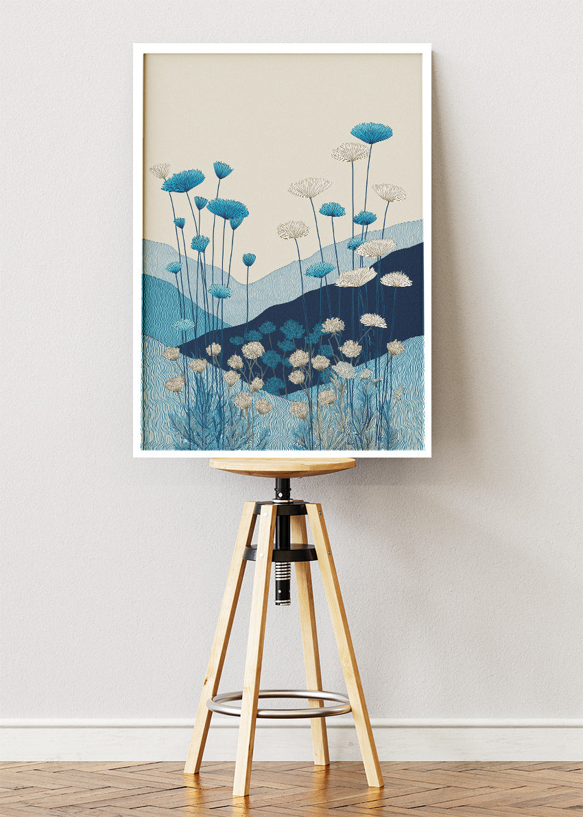 Blue Meadow Botanical Wall Art – Minimalist Floral Landscape Canvas Print | Modern Nature Portrait Poster