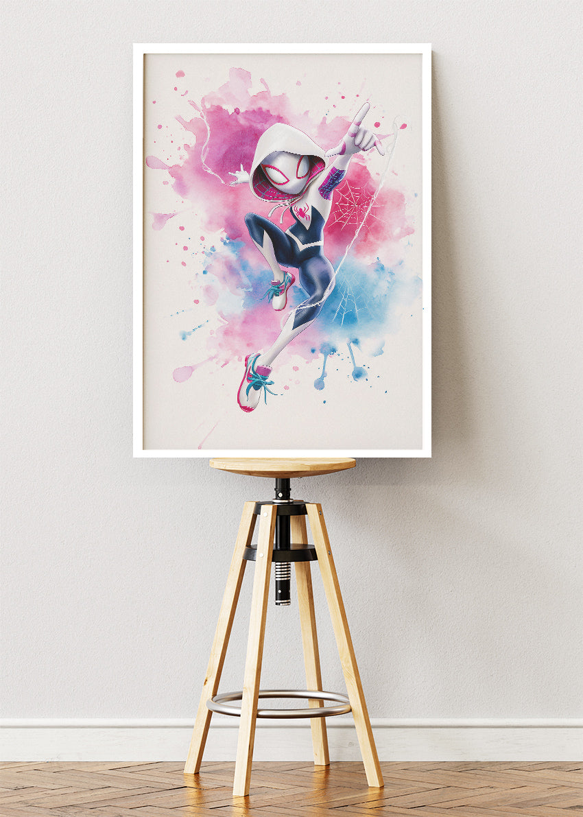 Spider-Gwen – Watercolor Splash Action Canvas & Poster Print – AI PRINT LAB