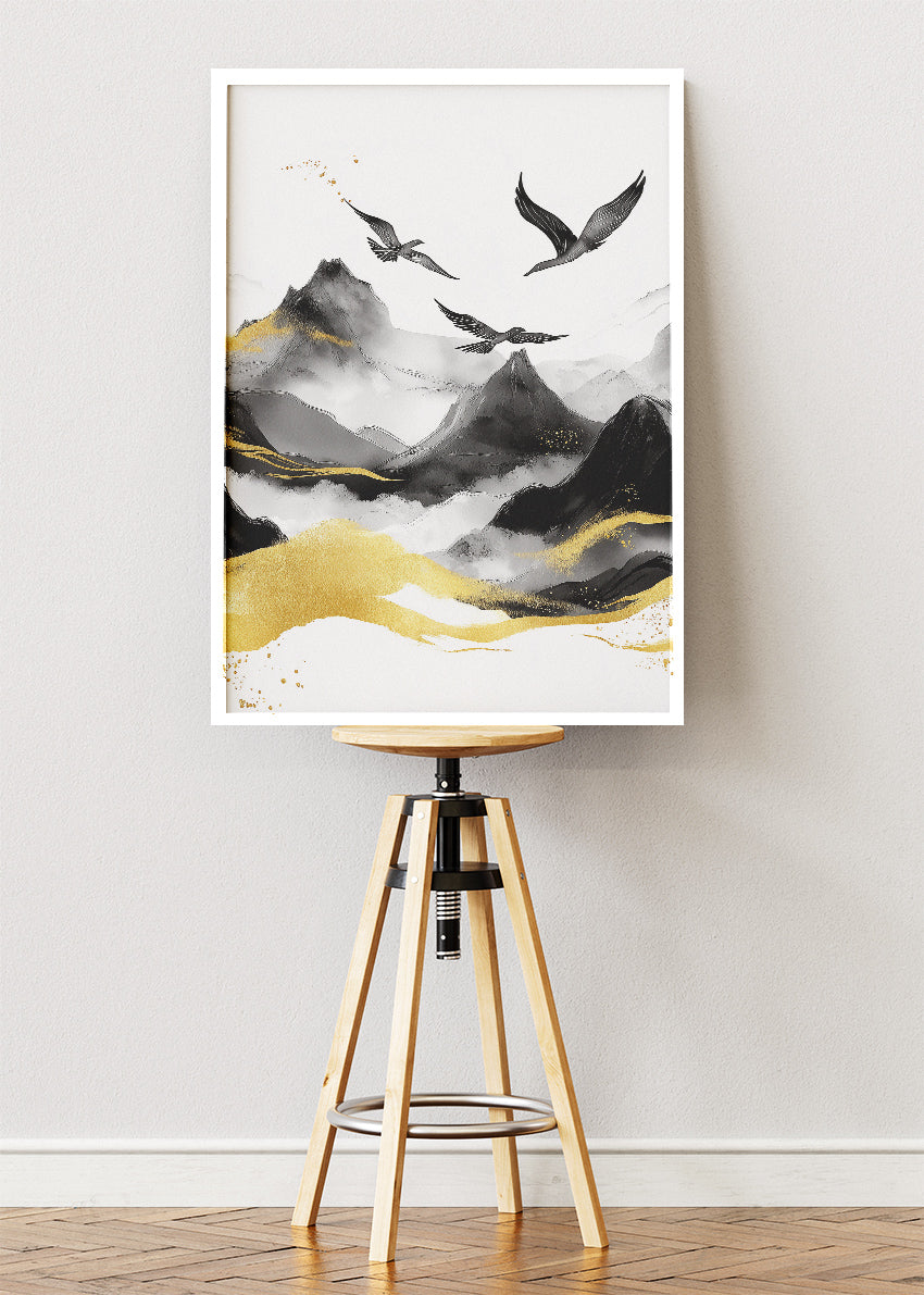 Minimal Black & Gold Mountain Landscape – Elegant Crane Wall Art – AI PRINT LAB