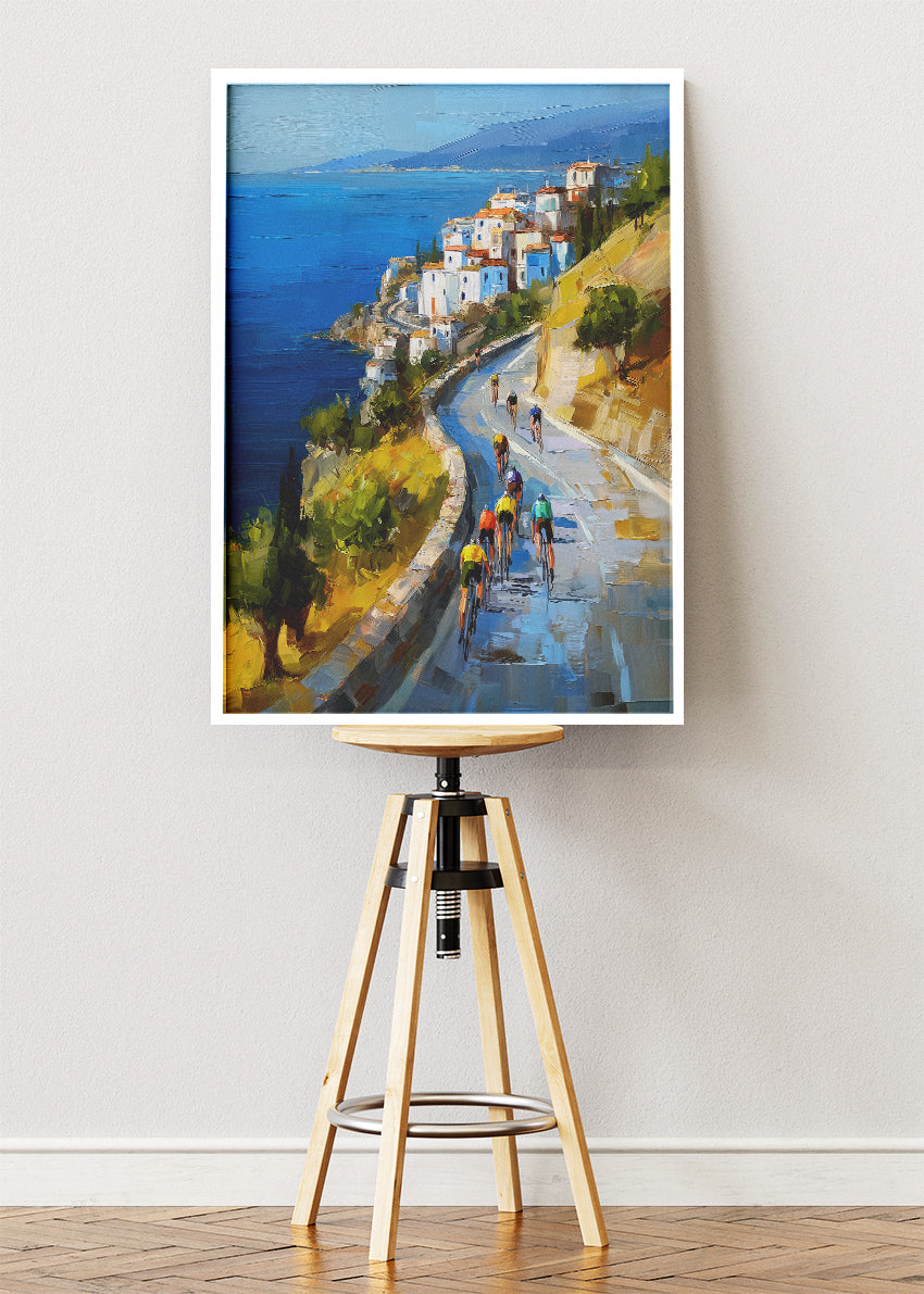 Coastal Road Cycling Art Print & Canvas – Peloton Above the Sea