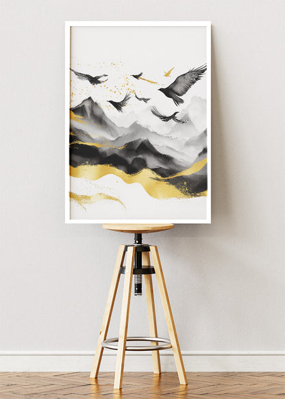Black & Gold Flying Birds Over Mountains – Minimalist Luxury Wall Art – AI PRINT LAB