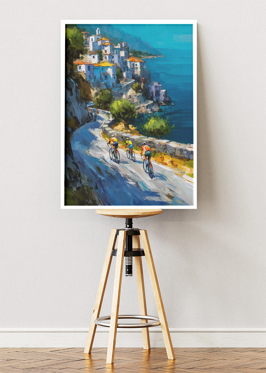 Cliffside Coastal Cycling Art Print & Canvas – Riders Above the Mediterranean