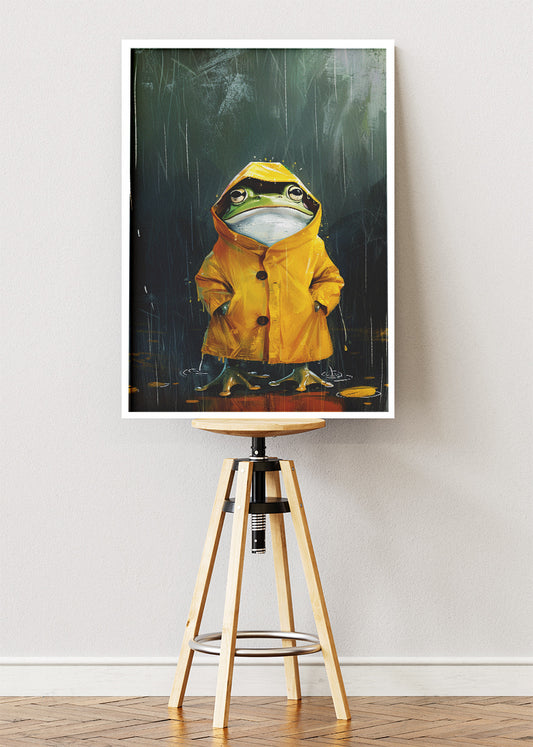 Raincoat Frog Art Print & Canvas – Whimsical Frog Wall Art in Rainy Mood