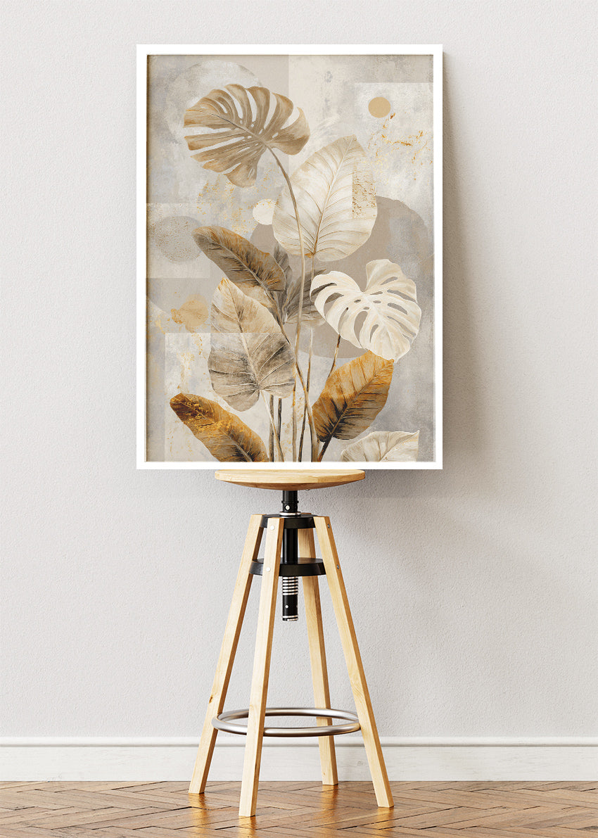 Neutral Tropical Leaf Wall Art – Beige & Gold Monstera Canvas Print | Modern Botanical Portrait Poster