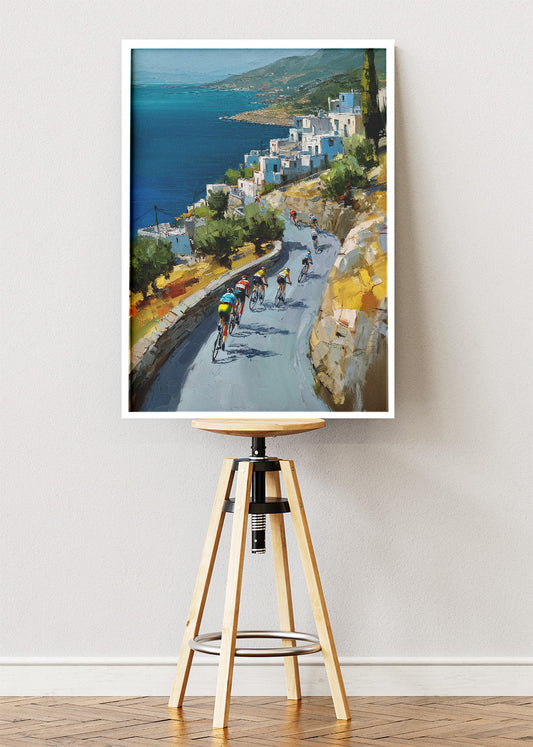 Mediterranean Descent Cycling Art Print & Canvas – Riders Along the Coastal Road