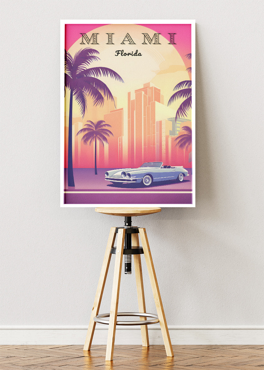 Miami Florida Poster & Canvas Print – Retro Sunset Skyline & Convertible Illustration