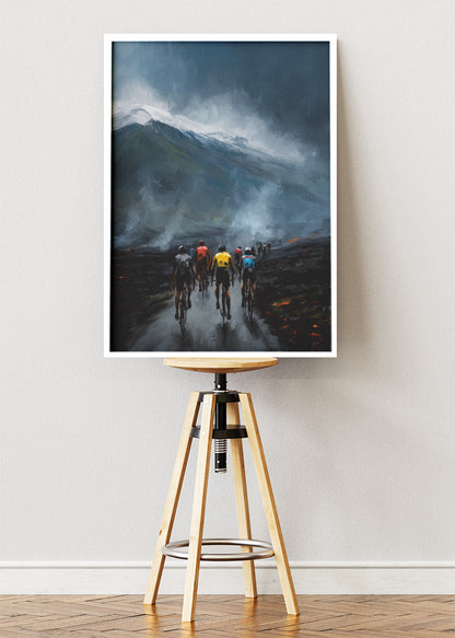 Volcanic Ascent Cycling Art Print & Canvas – Riders Through Ash and Storm