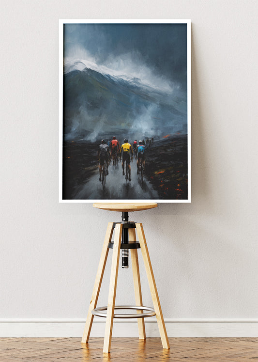 Volcanic Ascent Cycling Art Print & Canvas – Riders Through Ash and Storm