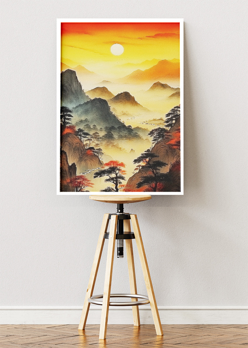 Golden Misty Mountain Sunrise – Asian Inspired Landscape Wall Art – AI PRINT LAB