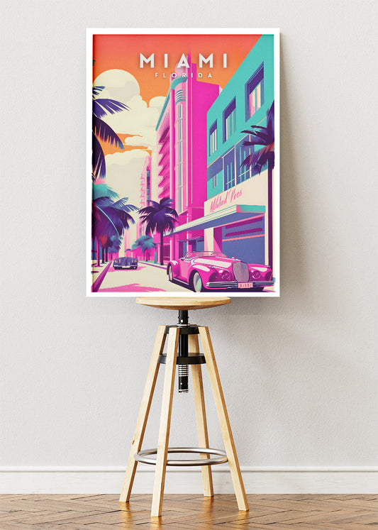 Miami Florida Poster & Canvas Print – Art Deco District & Retro Convertible Illustration