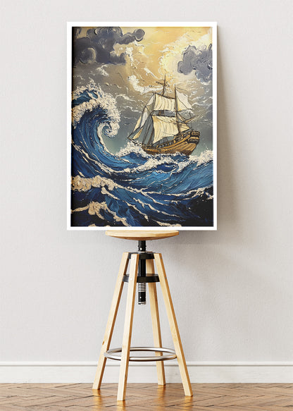 Stormy Ocean Sailing Ship – Dramatic Nautical Wave Wall Art – AI PRINT LAB