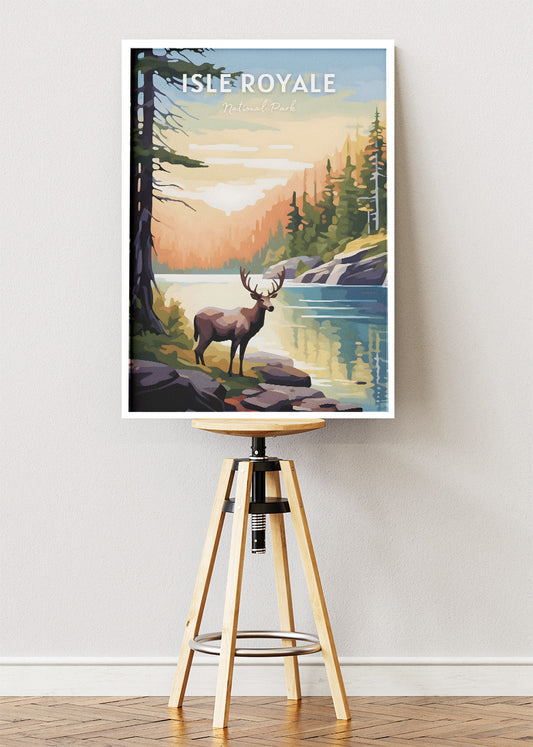 Isle Royale National Park Poster & Canvas Print – Moose by Lake Wilderness Landscape Wall Art