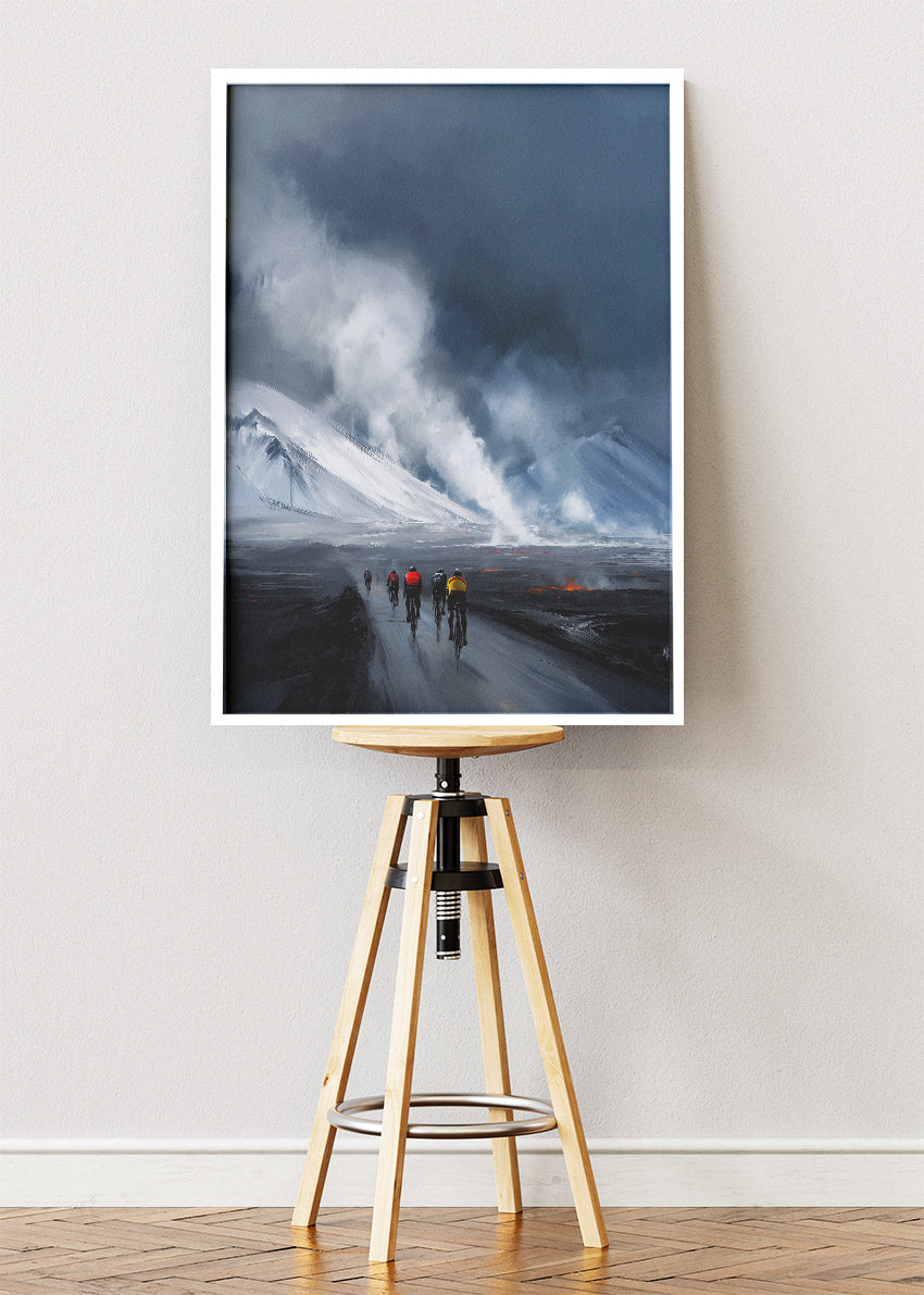 Frozen Frontier Cycling Art Print & Canvas – Riders Into the Storm