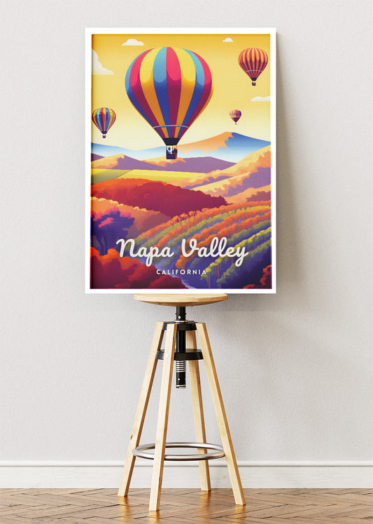 Napa Valley California Poster & Canvas Print – Hot Air Balloons & Vineyard Hills Illustration