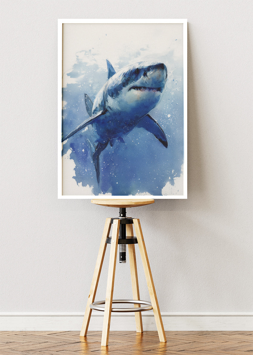 Blue Water Shark Poster & Canvas Print – Ocean Wildlife Watercolor Art