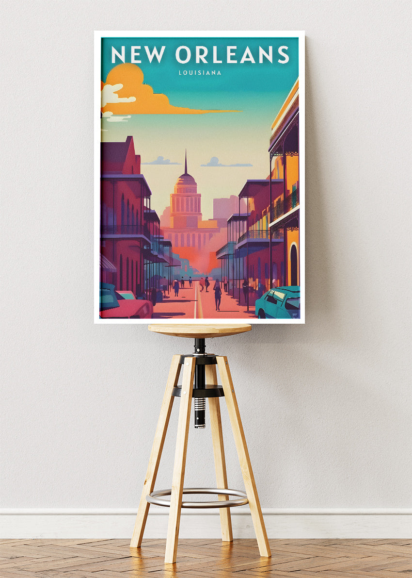 New Orleans Louisiana Poster & Canvas Print – French Quarter Street & Skyline Illustration