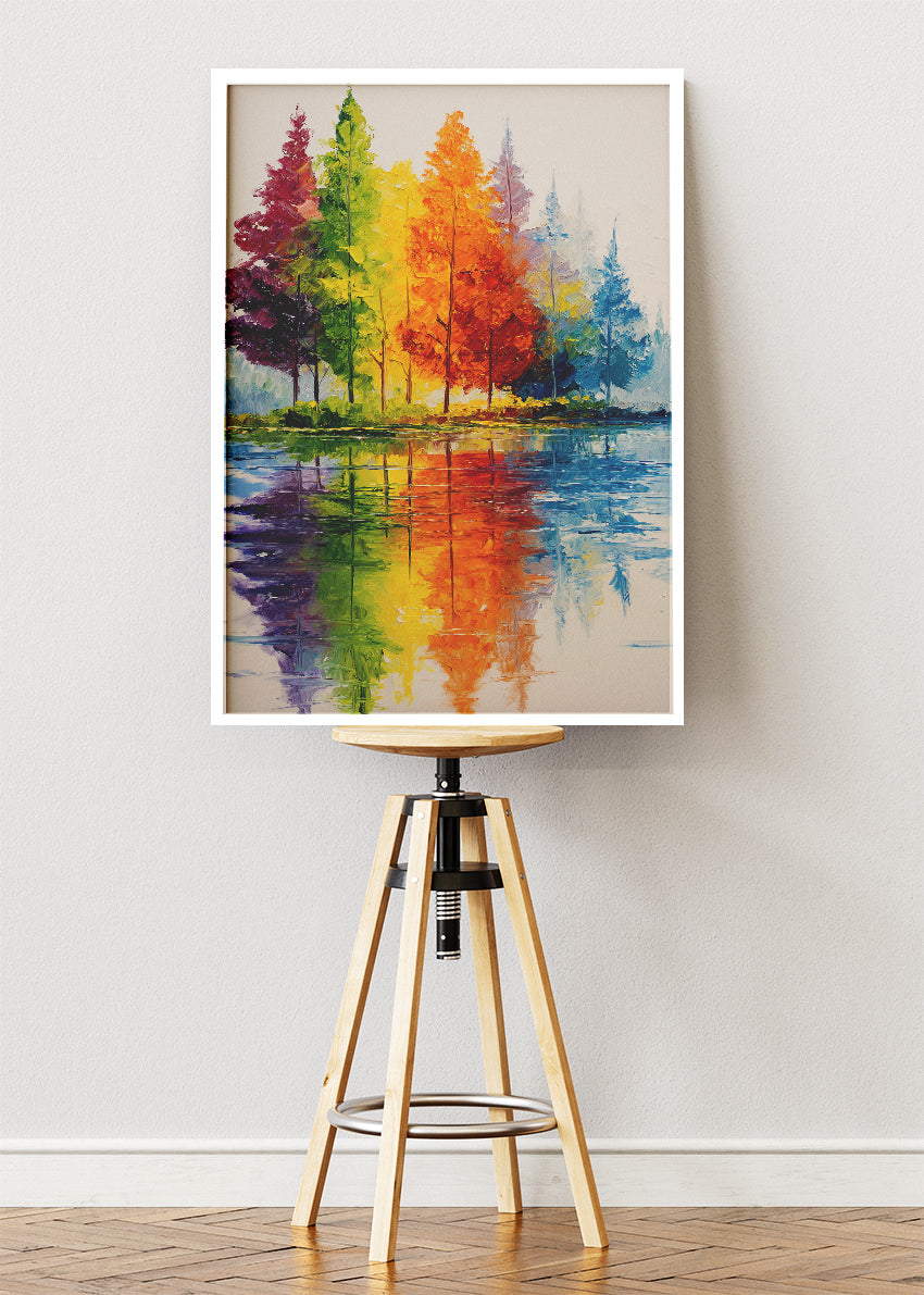 Colorful Autumn Reflection Wall Art – Vibrant Rainbow Trees Canvas Print | Modern Lake Landscape Portrait Poster