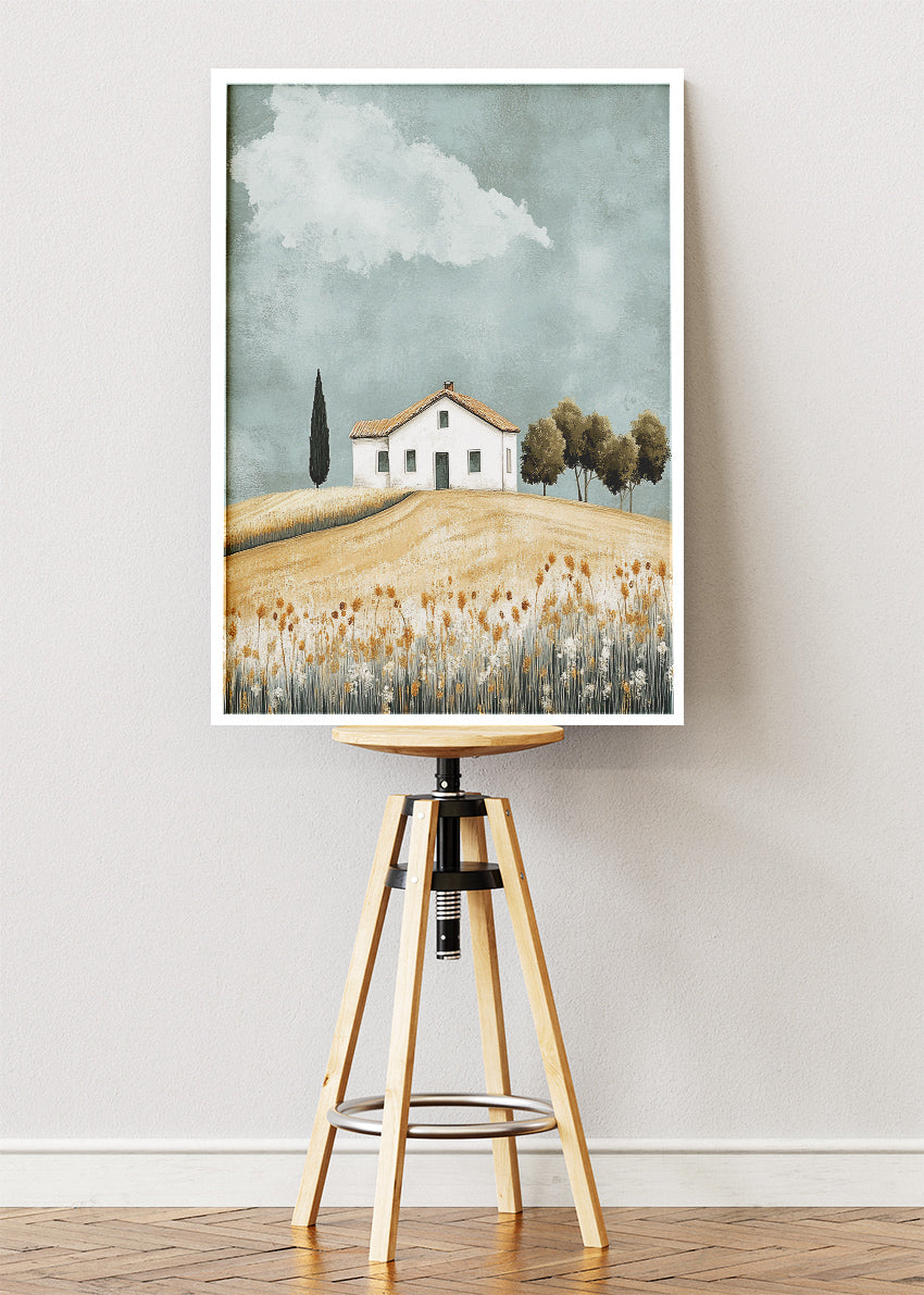 Minimalist Countryside House on Rolling Hills – Rustic Landscape Wall Art – AI PRINT LAB