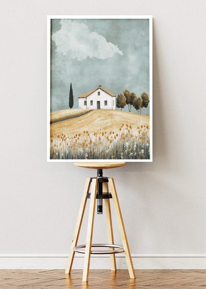 Minimalist Countryside House on Rolling Hills – Rustic Landscape Wall Art – AI PRINT LAB