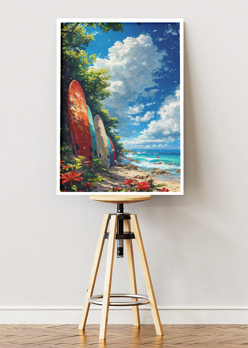 Tropical Surfboards by the Ocean – Coastal Beach Wall Art – AI PRINT LAB