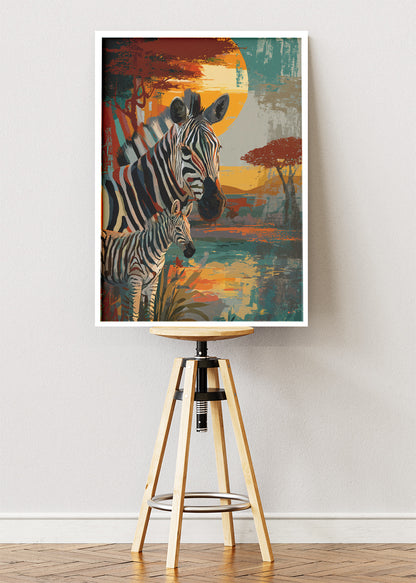 Zebra Family Poster & Canvas Print – African Safari Sunset Art
