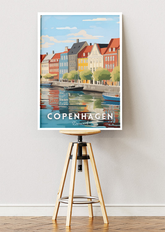 Copenhagen Denmark Poster & Canvas Print – Colorful Nyhavn Waterfront Illustration
