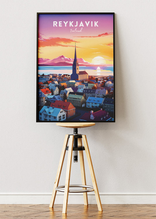 Reykjavik Iceland Sunset Skyline Poster & Canvas Print – Colorful Nordic Cityscape Wall Art