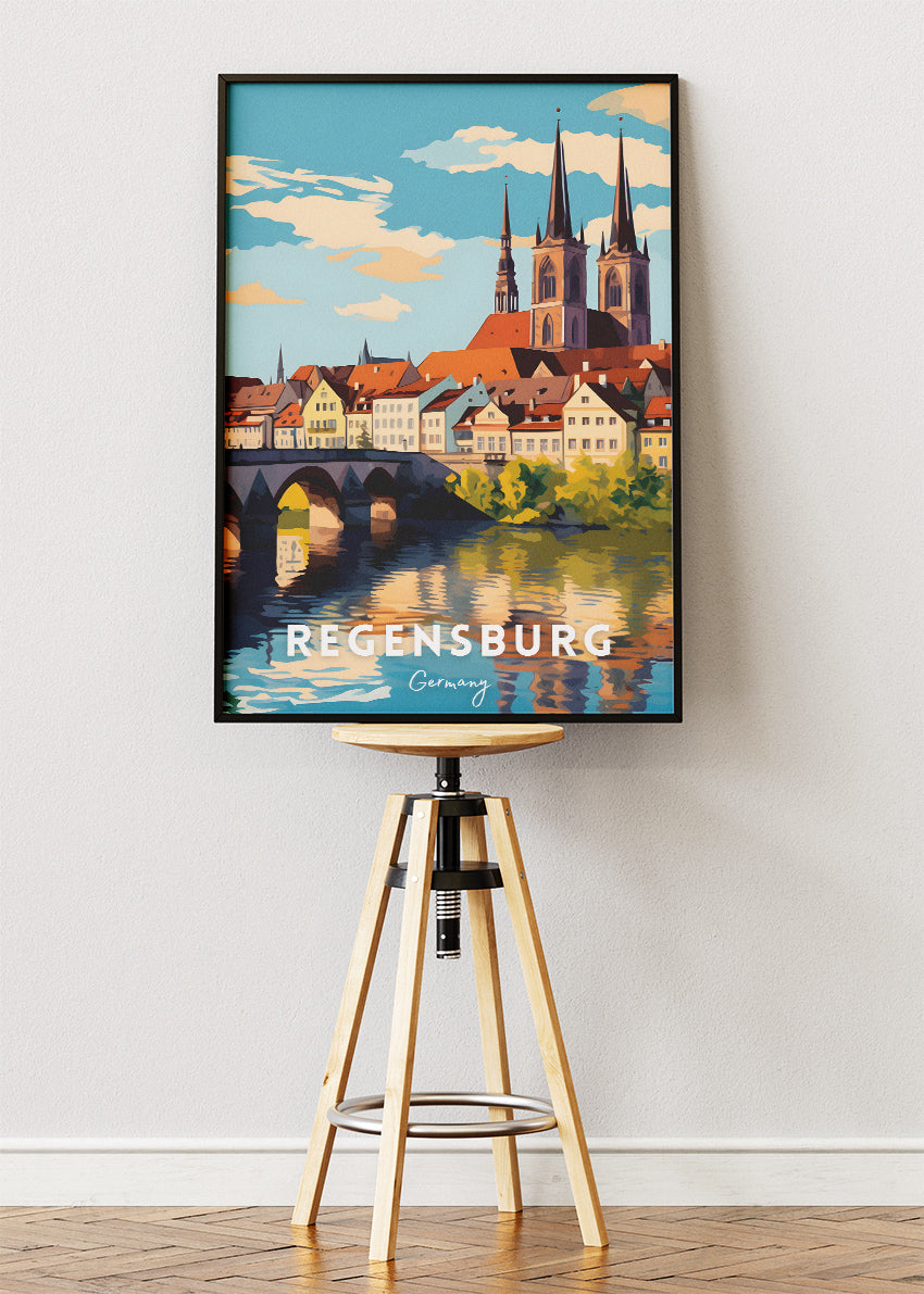Regensburg Germany Poster & Canvas Print – Vintage Bavarian Riverside Art