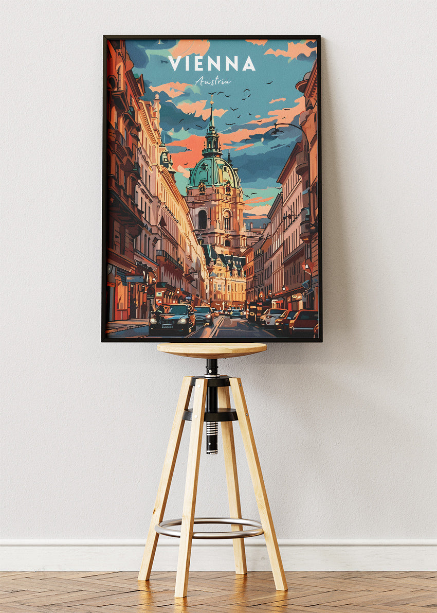Vienna Austria Travel Poster & Canvas Wall Art – Historic City Street & Dome Illustration